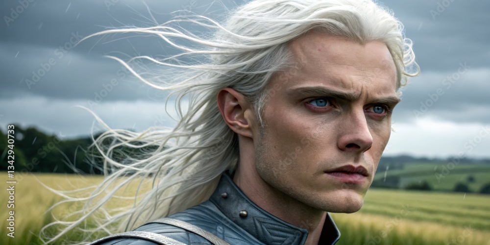 Character with long white hair gazes thoughtfully over a countryside landscape under a cloudy sky