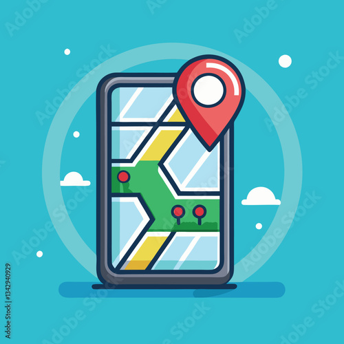 Smartphone map with location pins vector, A vector illustration of a smartphone displaying a map with location pins, symbolizing navigation and map services.
