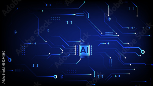 Artificial intelligence abstract background, glowing AI chip on blue light circuit board. Technology concept design, Machine learning and generate by chip, Vector illustration for banner web template