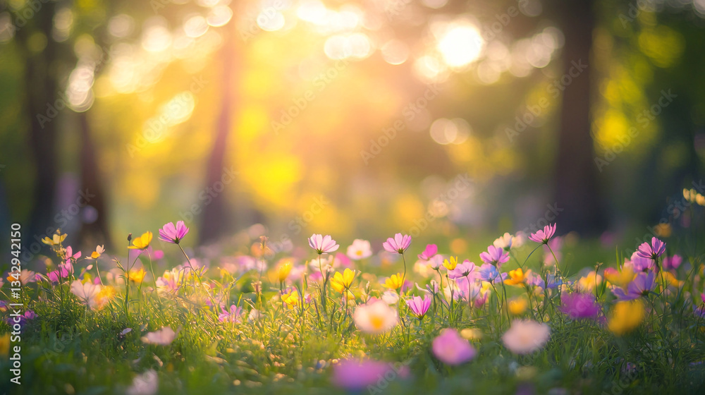 Fototapeta premium Vibrant wildflower meadow illuminated by soft sunlight in a forest, Magical forest scene with sun rays filtering through trees warm sunlight, Creating a natural serene in a peaceful environment.