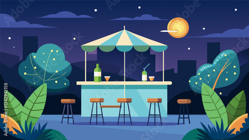 The bars outdoor patio is filled with cozy seating areas perfect for enjoying a mojito under the stars.. Vector illustration