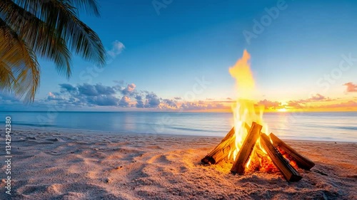Serene beach bonfire at sunset with palm trees