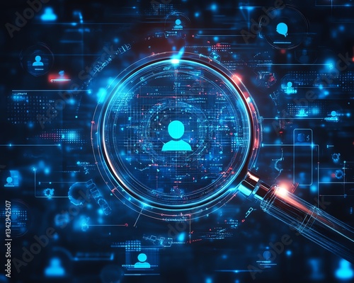 Hightech talent search with a magnifying glass emphasizing candidate icons, digital interface, abstract design, glowing elements, modern HR recruitment concept, SEOoptimized photo