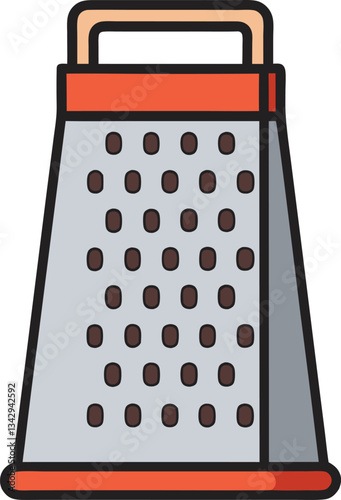 Classic Cheese Grater Vector Illustration, A detailed vector illustration of a classic cheese grater with a red handle, perfect for kitchen and culinary-themed content.
