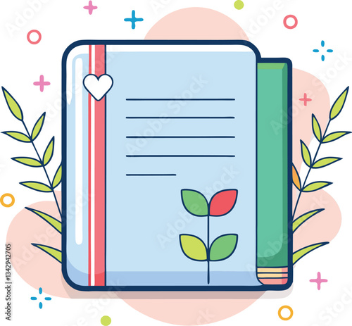 Stylized Book with Heart and Plant Vector Illustration, A vibrant vector illustration of a book with a heart symbol and plant, ideal for creative, education, and nature-themed content.
