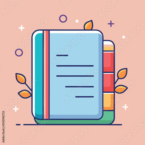 Colorful Book with Tabs and Leaves Vector Illustration, A vibrant vector illustration of a book with tabs and decorative leaves, perfect for study, reading, and creative content.
