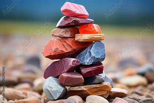Behold, a wondrous tableau unfolds, as colorful artistry of constructing a rock cairn, imbued with purpose and profound contemplation, manifests in meticulous placement of every stone
