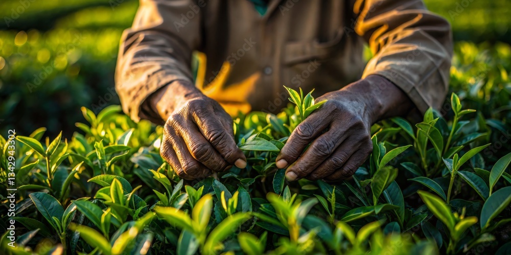 Tea picker harvests fresh leaves in a lush plantation during golden hour