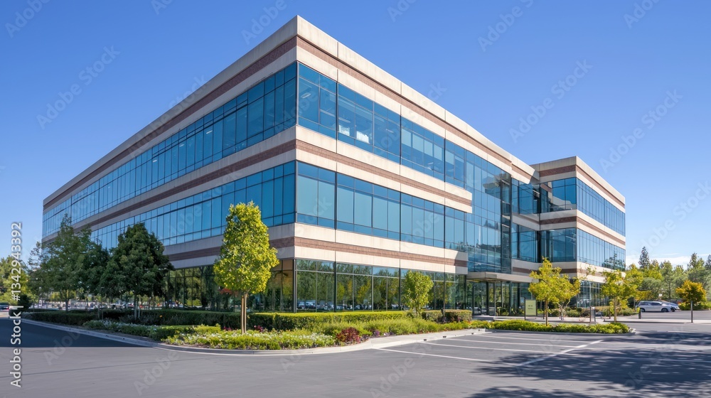 A corporate office building exterior with glass windows and a modern design. A corporate office building exterior with glass windows and a modern design.