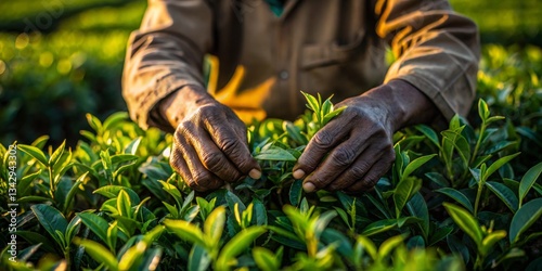 Obraz na płótnie Tea picker harvests fresh leaves in a lush plantation during golden hour w salonie