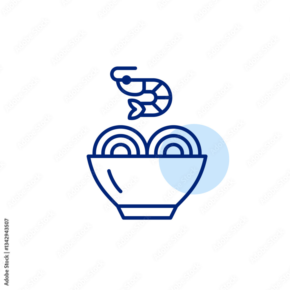 Bowl of noodles with shrimp. Eating ramen with chopsticks. Fast food, takeaway, delivery or snacks on the go. Pixel perfect, editable stroke vector icon Bowl of noodles with shrimp. Eating ramen with chopsticks. Fast food, takeaway, delivery or snacks on the go. Pixel perfect, editable stroke vector icon