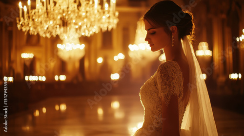 A stunning bride in an elegant lace wedding gown standing in a grand ballroom photo