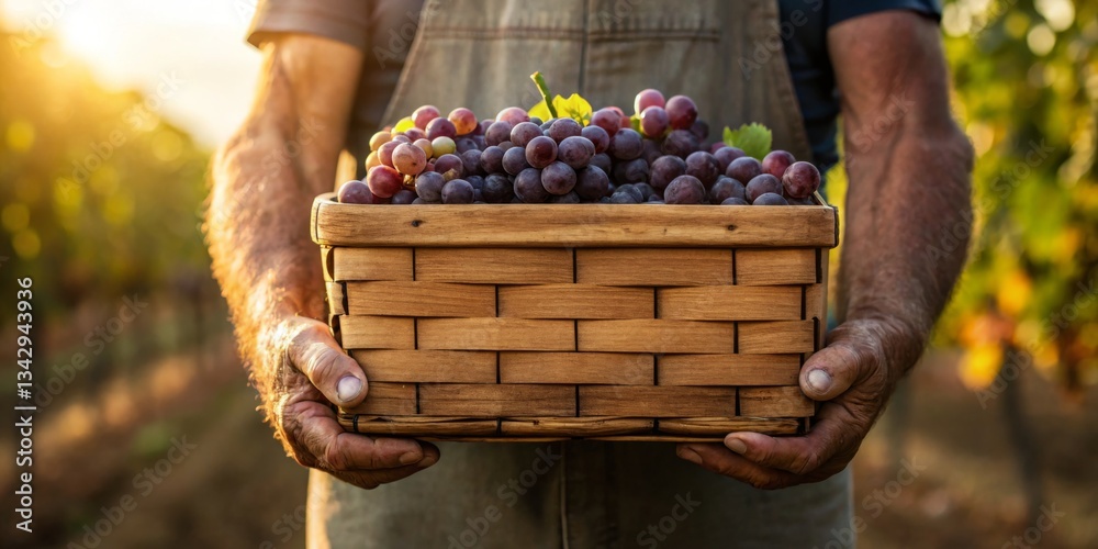 Farmer holds a basket of freshly picked grapes in a vineyard during sunset