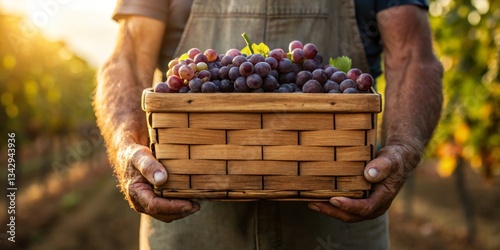 Obraz na płótnie Farmer holds a basket of freshly picked grapes in a vineyard during sunset w salonie