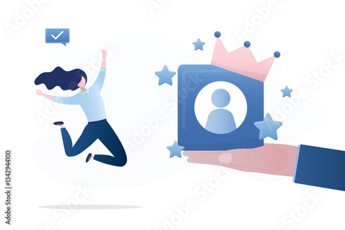 Premium, priority and VIP member accounts. Exclusive and special. Human hand give big account symbol with crown and stars for happy woman. VIP female character.