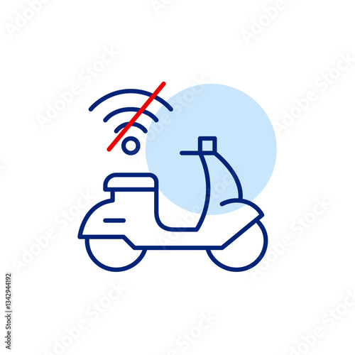 Moped scooter and no wi-fi symbol. No ride data synchronization, online rent unavailable, connection lost. Pixel perfect, editable stroke vector icon