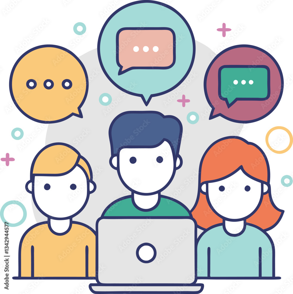 Vector illustration of people chatting online with laptop, Vector image showing three people engaging in an online chat or discussion using a laptop with speech bubbles.
Vector illustration of people chatting online with laptop, Vector image showing three people engaging in an online chat or discussion using a laptop with speech bubbles.