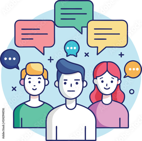 Vector illustration of people with colorful speech bubbles, Vector image of three people with colorful speech bubbles, depicting a conversation or discussion in a digital setting.

