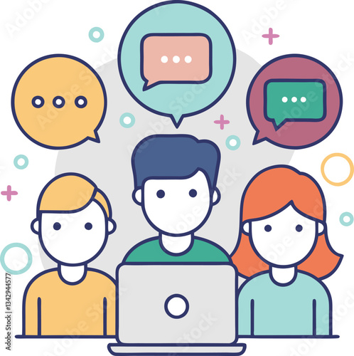 Vector illustration of people chatting online with laptop, Vector image showing three people engaging in an online chat or discussion using a laptop with speech bubbles.
