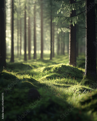 Serene sunlight filtering through lush green forest trees moss dark wild wood depth fresh nature