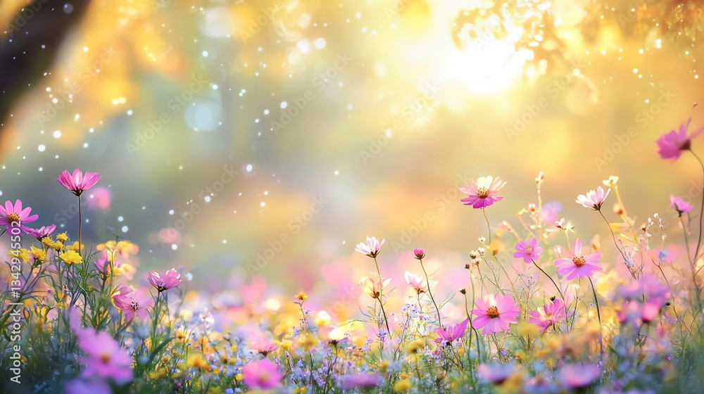 Fototapeta premium Vibrant wildflower meadow illuminated by soft sunlight in a forest, Magical forest scene with sun rays filtering through trees warm sunlight, Creating a natural serene in a peaceful environment.