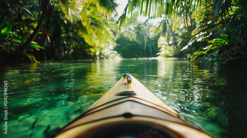 Kayaking through lush tropical river calm waters green nature view image photo paddle summer travel