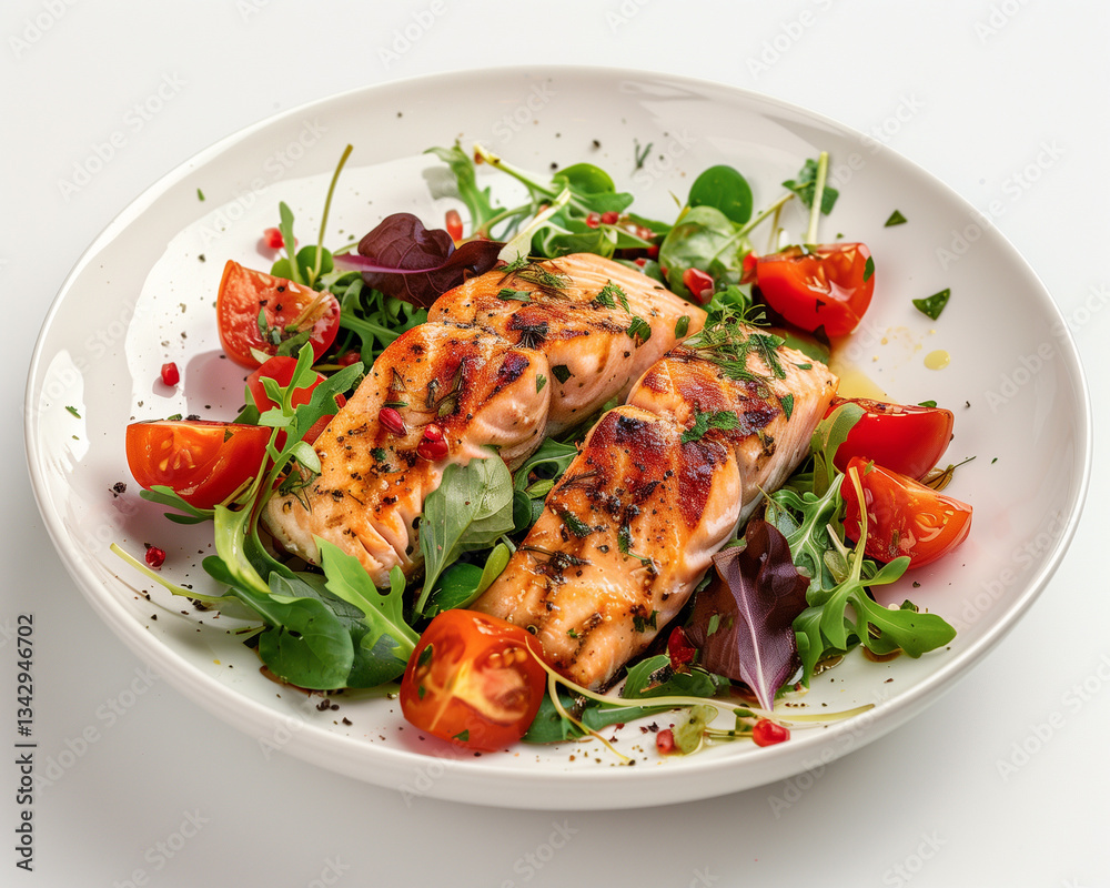 Grilled salmon with a salad on a white plate, isolated against a background Grilled salmon with a salad on a white plate, isolated against a background