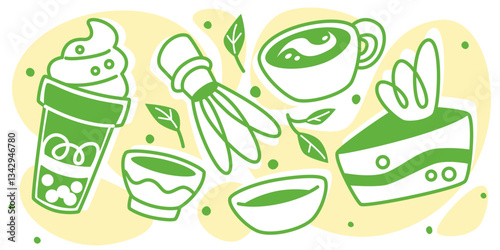 Matcha tea and dessert illustration set - bamboo whisk and bowl with powder, cake slice and ice cream scoop, coffee cup. Hand drawn doodle vector traditional Japanese beverage and sweet treats.