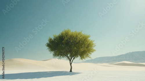 Lonely green tree in a vast white sand desert landscape sun sky dune blue view calm arid image photo