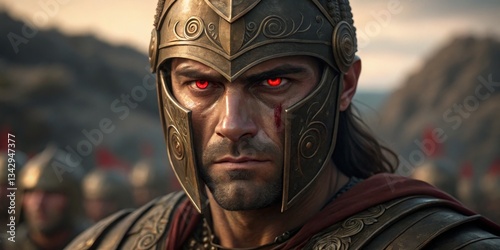 Obraz na płótnie Fierce warrior in battle armor shows determination with glowing eyes during an epic confrontation at dusk w salonie