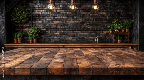 Rustic wooden tabletop against dark brick wall