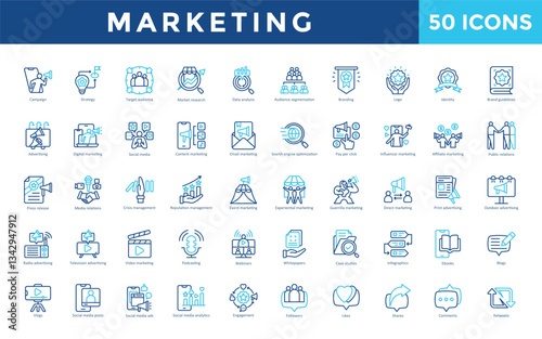Marketing icon set with campaign, strategy, target audience, market research, data analysis, audience segmentation, branding, logo, identity, brand guidelines icon. Simple outline color vector 
