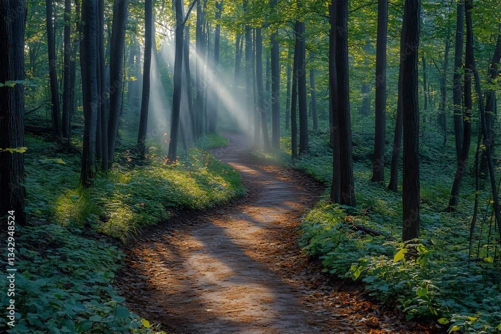 Obraz premium A winding dirt path meanders through a dense, sunlit forest with towering trees, with rays of light filtering through the leaves