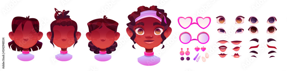 Fototapeta premium African girl face constructor set - cartoon female avatar elements for character creation. Eyes and brows, mouth and hair, glasses and cute accessories. Vector illustration custom children head kit.