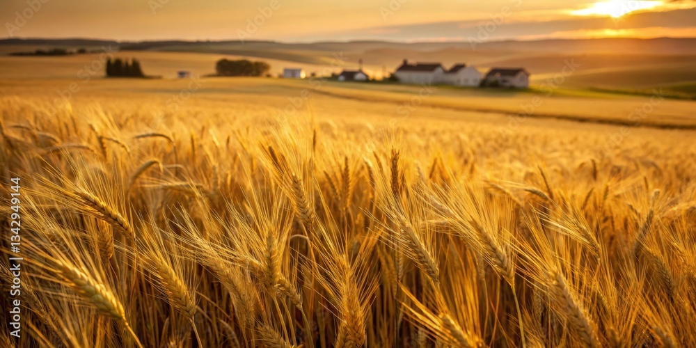 Golden wheat fields sway gently in the breeze during sunset near a tranquil rural village
