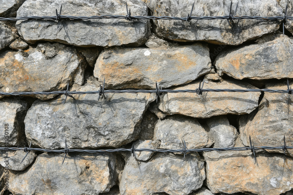 Old stone wall topped with barb wire fence