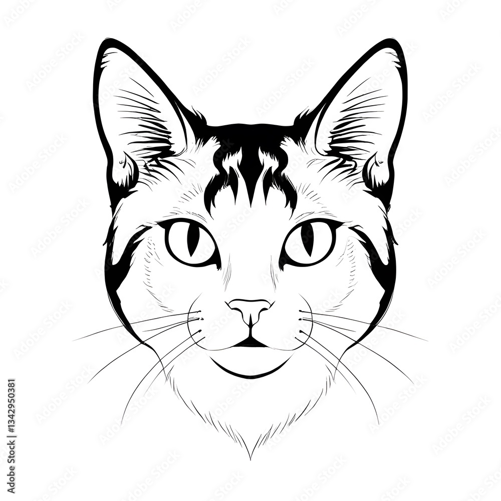 Fototapeta premium Feline Portrait: A detailed monochrome illustration of a domestic cat's face, showcasing the intricate patterns, expressive eyes, and gentle features. 