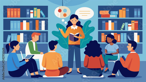 Students gather in the library to listen to a guest speaker share their personal journey of overcoming mental health challenges and offer advice on seeking help.. Vector illustration