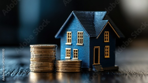 Miniature house model with stack of coins depicting real estate investment home affordability and property tax concept with savings