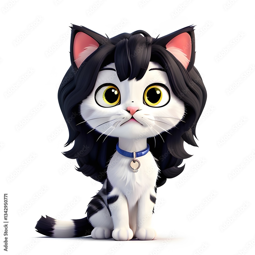Obraz premium Cat with Wig and Collar: Adorable cartoon cat with a wig and collar