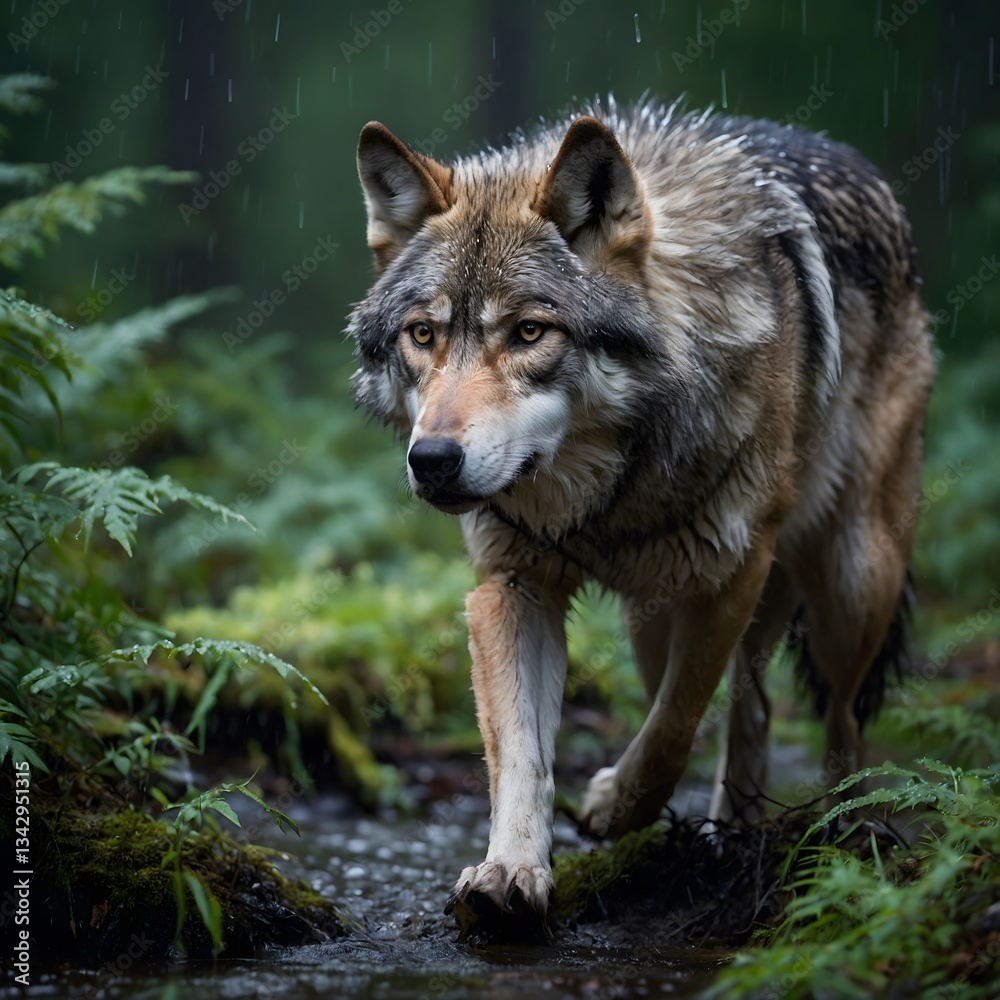 Fototapeta premium Northwestern Wolf Moving Stealthily Through Wet Forest Underbrush