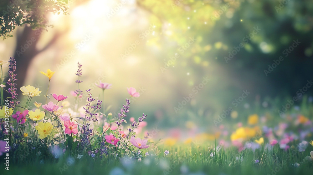 Obraz premium Lush sunlit garden with blooming flowers and soft morning light, illuminating a vibrant forest meadow filled with colorful wildflowers in magical forest, creating a sense of wonder and enchantment.