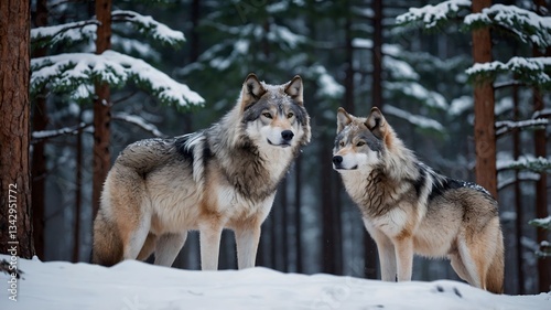 Pair of Northwestern Wolves Standing in Snowy Winter Forest