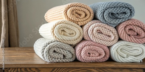 Soft knitted blankets neatly stacked on a wooden table in a cozy interior setting