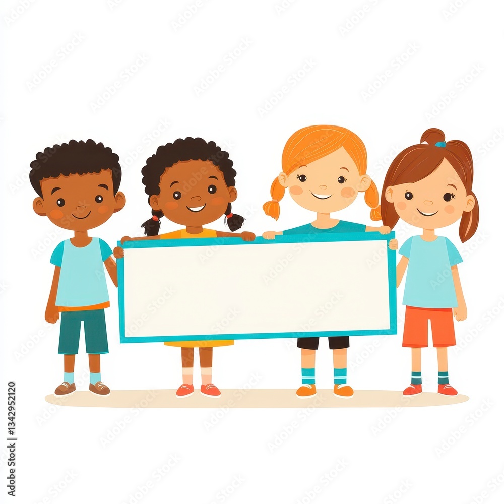 Smiling Diverse Children Holding Blank Sign Cartoon Illustration Smiling Diverse Children Holding Blank Sign Cartoon Illustration