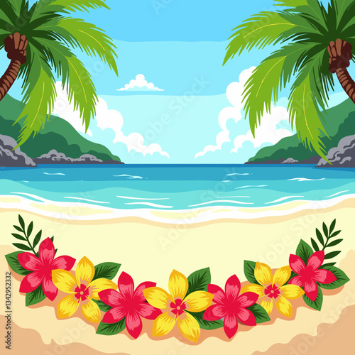 Tropical flower lei on sandy beach at island paradise, vacation vibes