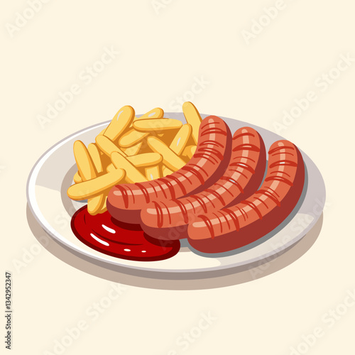 Delicious grilled sausages with fries and condiments, savory delight