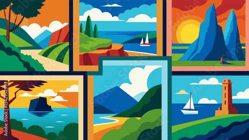 A collection of vibrant oil paintings showcasing the retired artists love for landscapes and seascapes.. Vector illustration