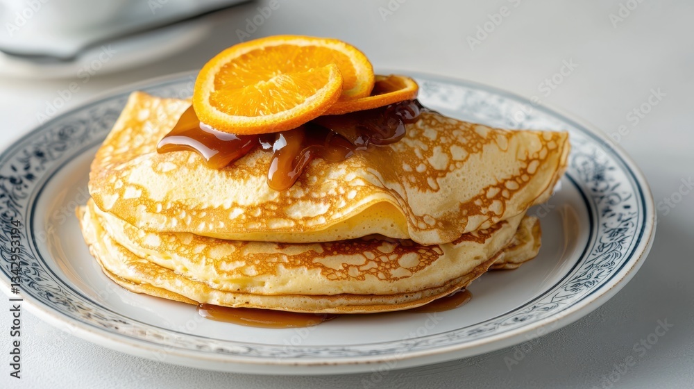 Delicious Pancakes Drizzled with Syrup and Accompanied by Fresh Oranges Delicious Pancakes Drizzled with Syrup and Accompanied by Fresh Oranges