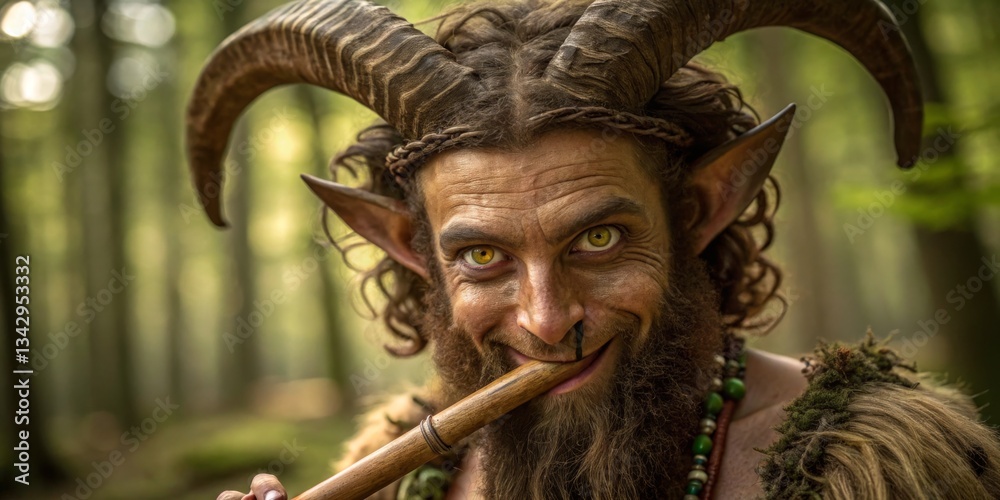 Forest creature playing flute in natural surroundings during daytime